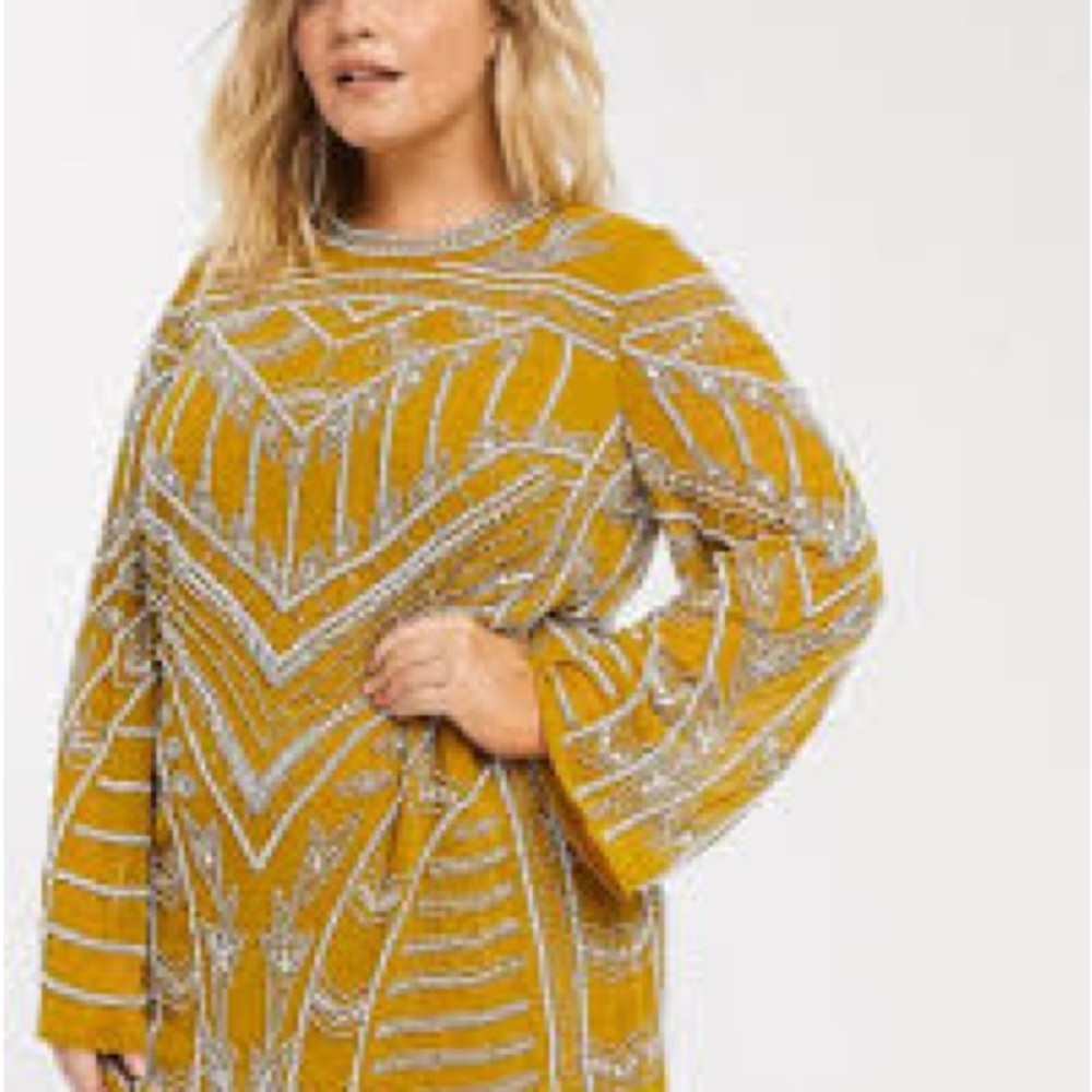 ASOS Curve Mustard Yellow Beaded Shift Dress
